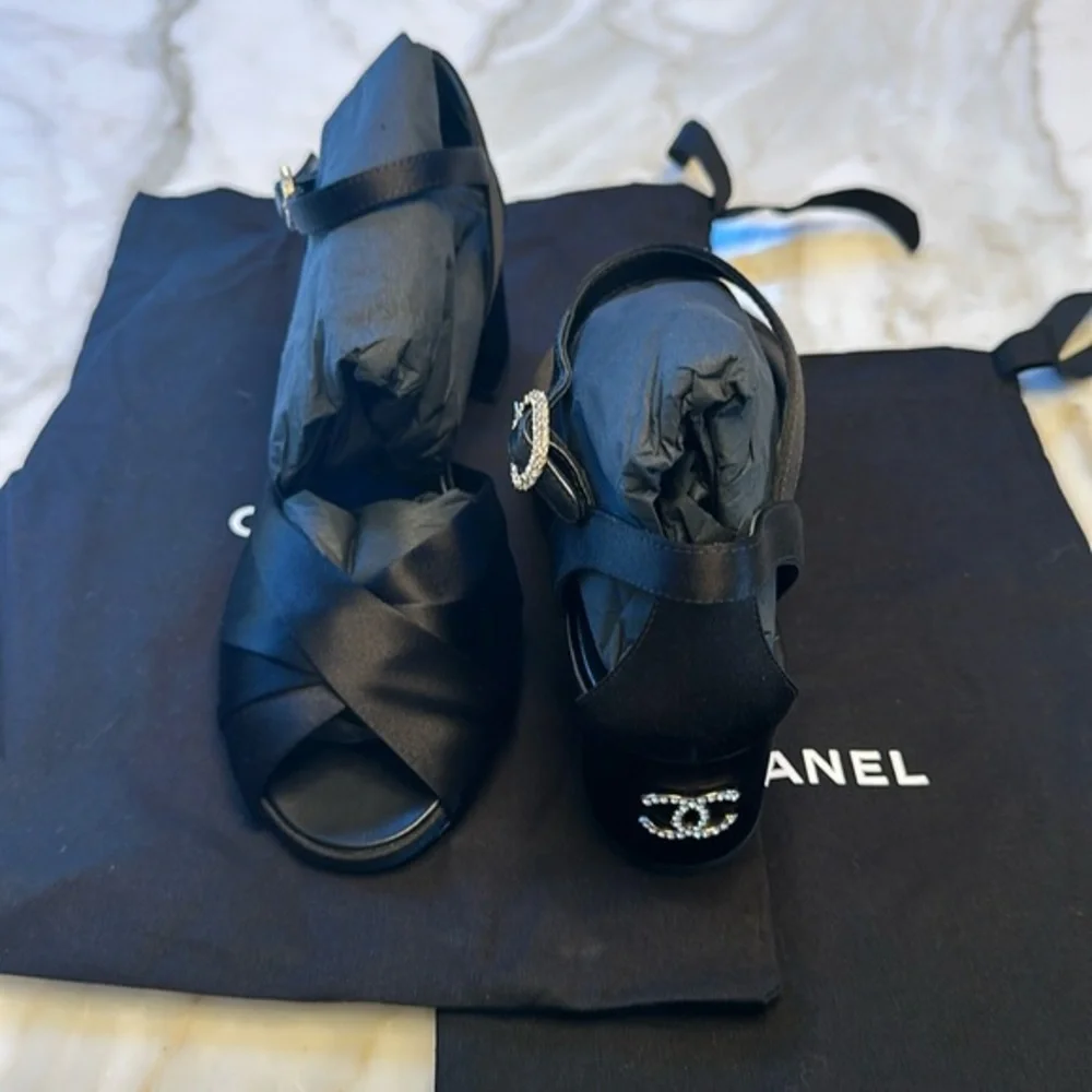 Chanel Black Satin Heels with Crystal Logo